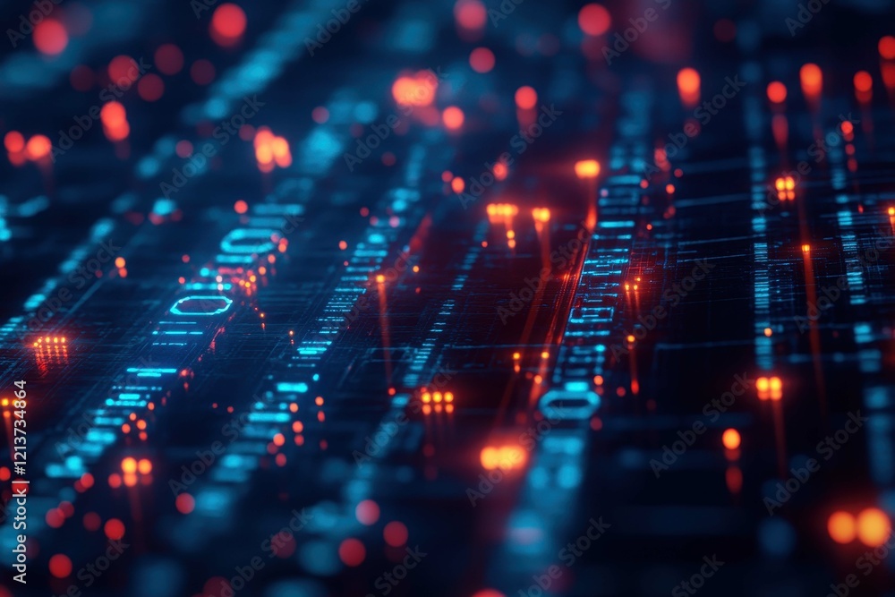 Poster exploration of digital data patterns in a futuristic virtual environment at night