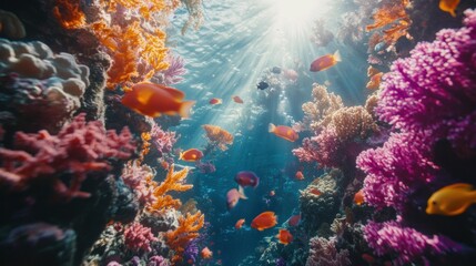 Fototapeta premium Vibrant coral reef fish sunlight ocean scene