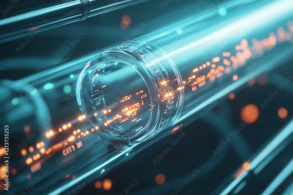 Poster bright energy flows through a futuristic transparent tube in a high-tech environment surrounded by d