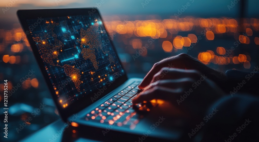 Poster laptop user working on data analysis at night with city lights and a bright global network map displ