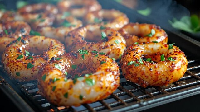 grill spicy squid on stove with smoke 