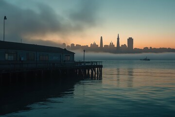 San Francisco skyline at dawn with a pier and fog reflecting on the water