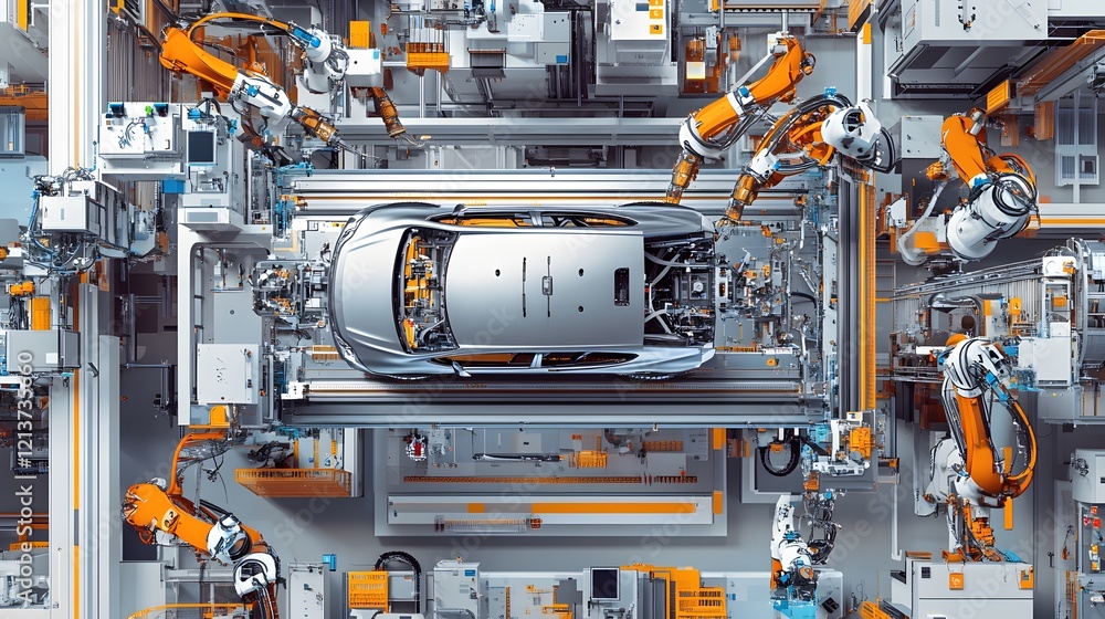 Poster automated car manufacturing assembly line robots at work