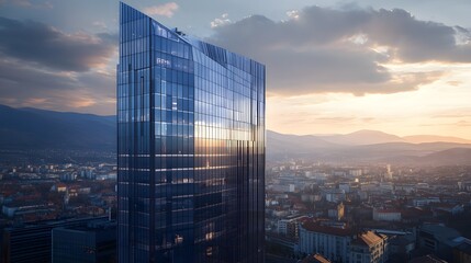 Fototapeta premium A towering glass skyscraper stands amidst a bustling cityscape, bathed in golden hour light, evoking urban elegance and modern grandeur
