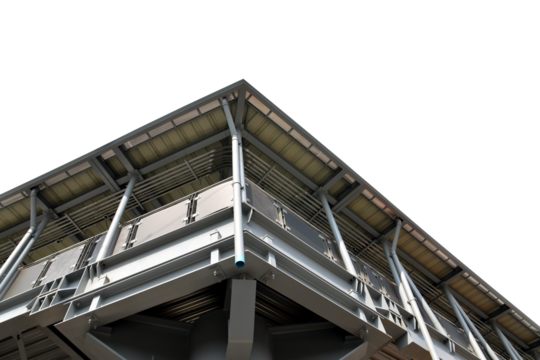 outside corner of electric train station with drain pipe from gutter on roof isolated on transparent, rooftops drainage system around building under sunlight