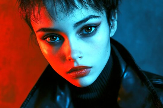 Gorgeous calm mixed-race girl - for ads, advertisement and web use. Short coiffure - highlighted hair. Commercial digital ads image. Model portrait look. Advertising colored girl. Colored gir.