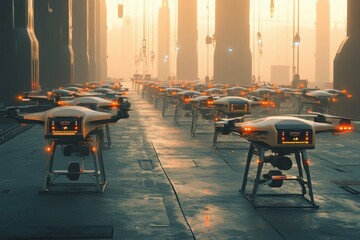 Drones lined up in a futuristic warehouse during early morning hours with soft lighting