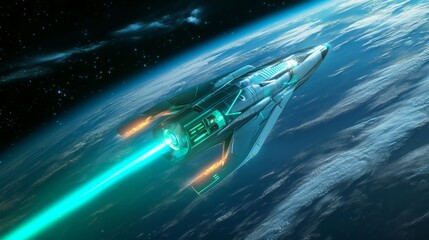 A silver and black spaceship flies past a blue and white planet, leaving a glowing green streak behind it. The spaceship has a large, open engine with an array of glowing lights