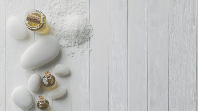Spa essentials: massage stones, oils, and sea salt, embodying relaxation and natural wellness