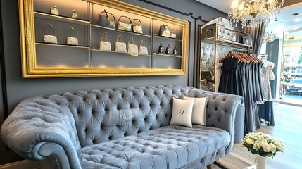 Obraz premium Elegant Boutique Showcases Designer Handbags and Dresses