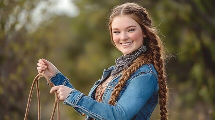 A confident redneck woman with long braided hair wearing a denim jacket and bandana holding a lasso and smiling warmly in a rural setting.