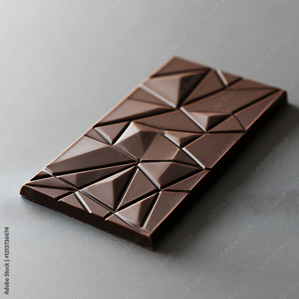 Poster modern geometric chocolate bar design with unique triangular pattern, showcasing rich dark chocolate