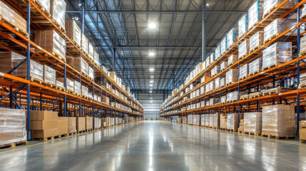 modern warehouse interior with organized shelves and stacked boxes, showcasing spacious and efficient storage environment. bright lighting enhances industrial feel of space