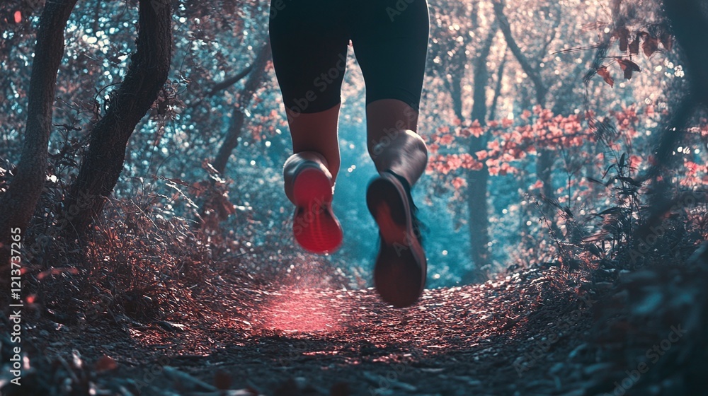 Poster a fitness-themed banner with a dynamic shot of a person running on a trail overlaid with motivationa