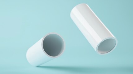 Floating glossy white paper tube mockups set against a soft blue backdrop with subtle shadows.