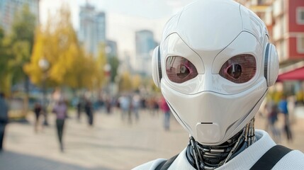 Fototapeta premium Futuristic Robot in Urban Setting: A Glimpse into Tomorrow's Technology