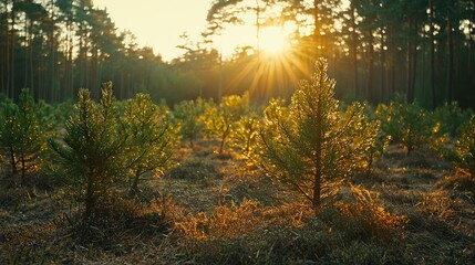 Obraz premium Sunset illuminates young pine trees in forest plantation.