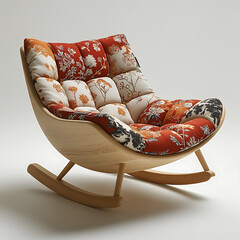 stylish rocking chair with vibrant floral cushion design, featuring wooden frame and comfortable,...