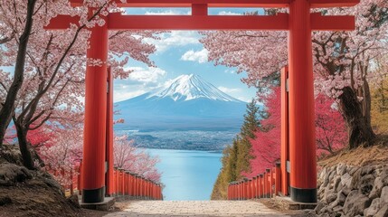 Fujiyama Spring View Through Torii Gate
