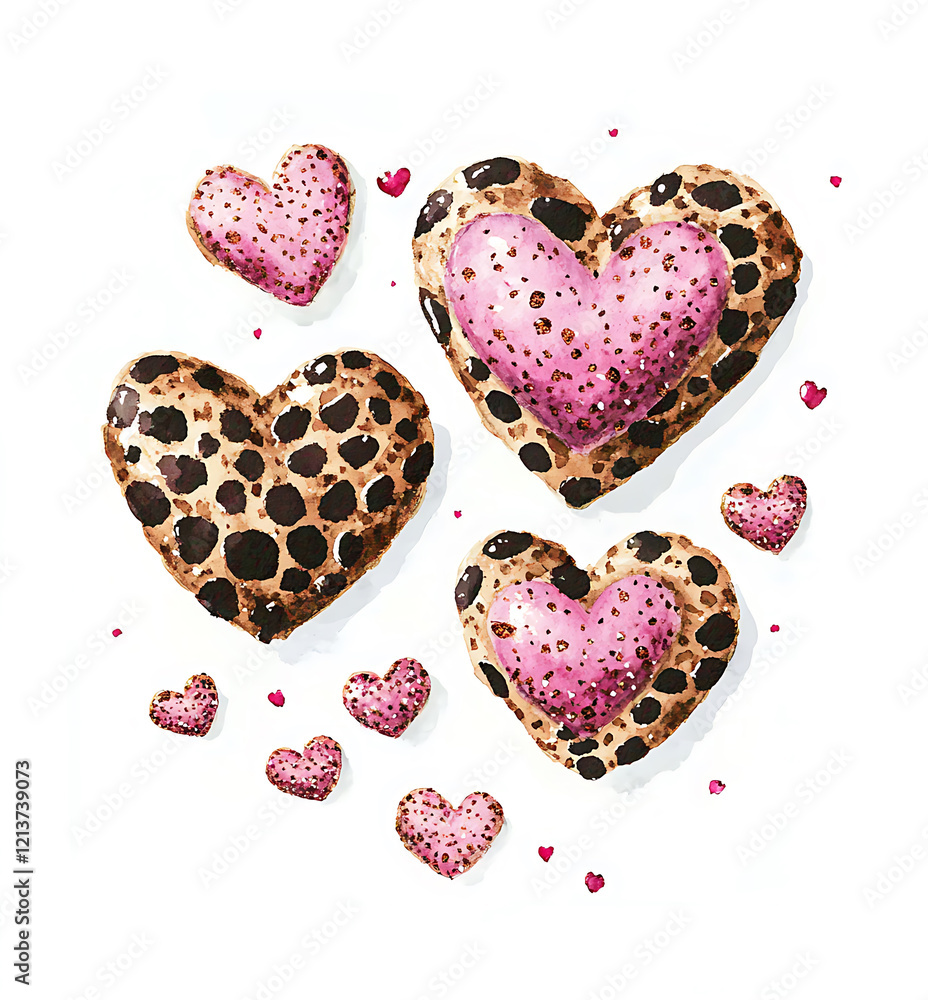 Poster watercolor hearts with leopard print and pink accents create playful and vibrant design. perfect for