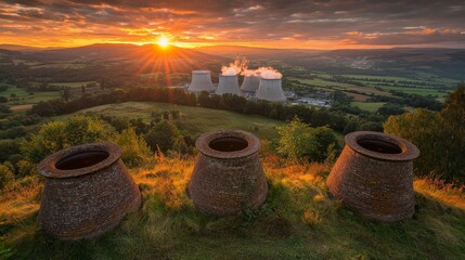Naklejka premium Sunset over power plant landscape valley view industrial photography nature environment aerial perspective