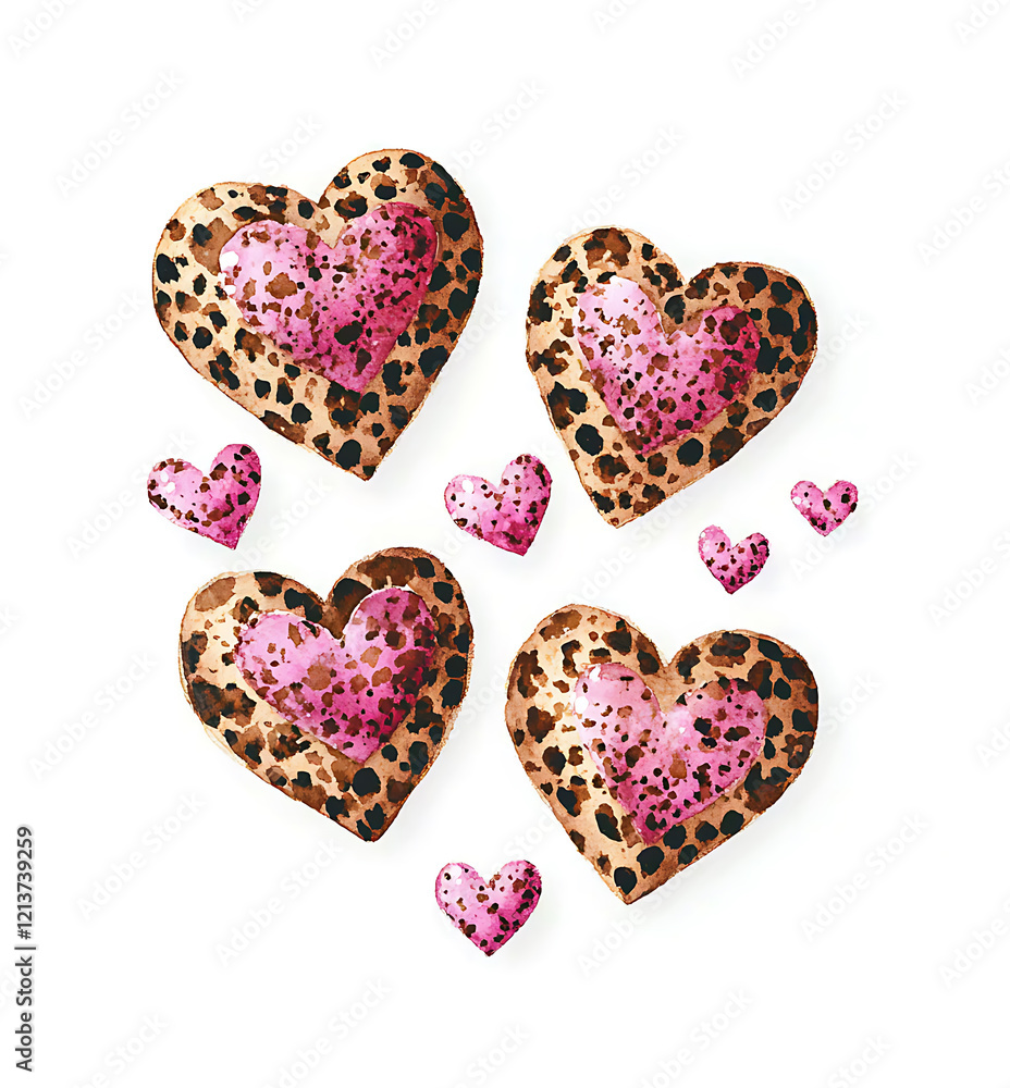 Poster watercolor hearts with leopard print and pink accents create playful and vibrant design. perfect for