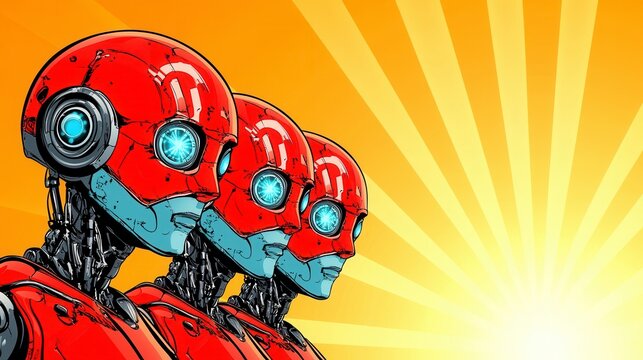 Three Red Robots Standing in Row Against Bright Sunburst Background, Retro Comic Book Style Illustration