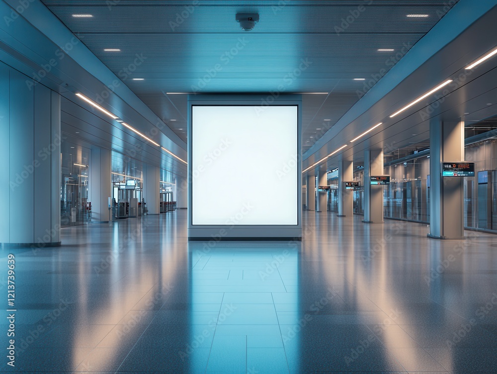 Poster modern airport interior view showcasing an empty blank billboard with minimalistic design highlighti