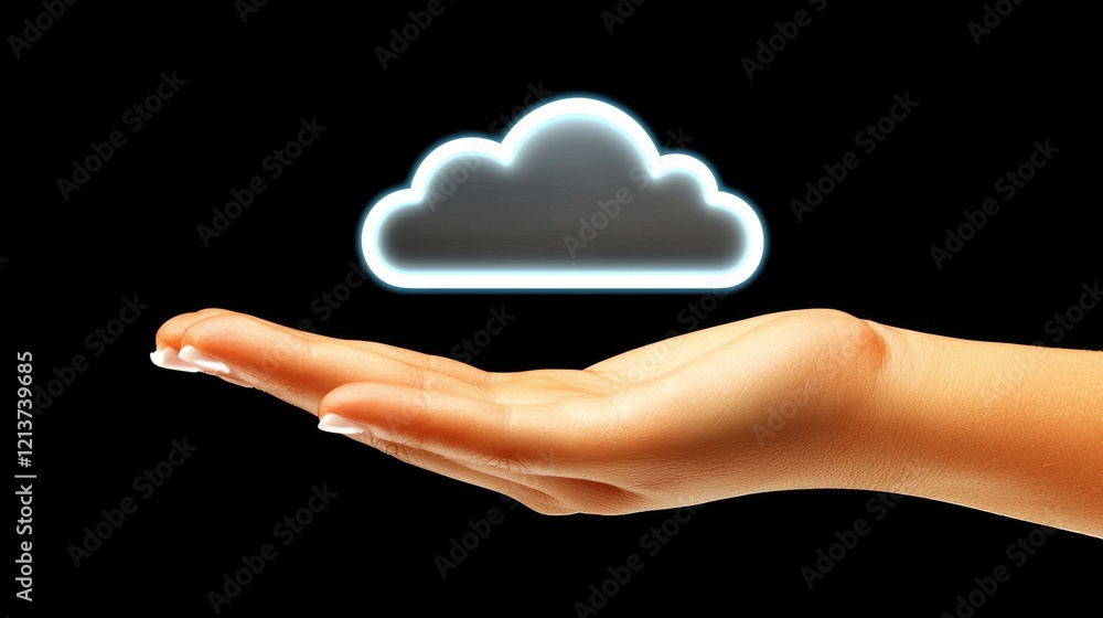 Poster digital cloud computing in hand virtual technology showcase dark background futuristic concept
