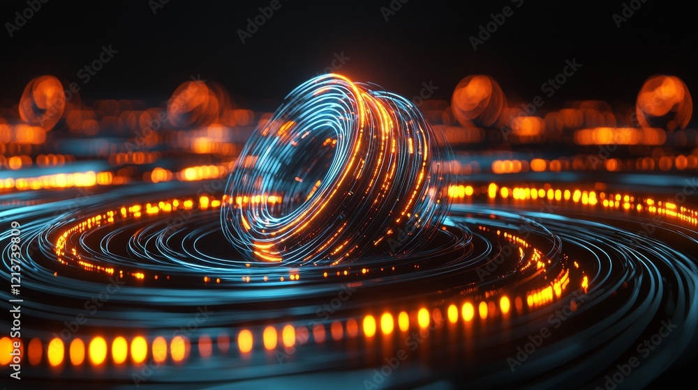 Poster dynamic futuristic abstract sphere digital realm 3d render neon lights close-up innovative design