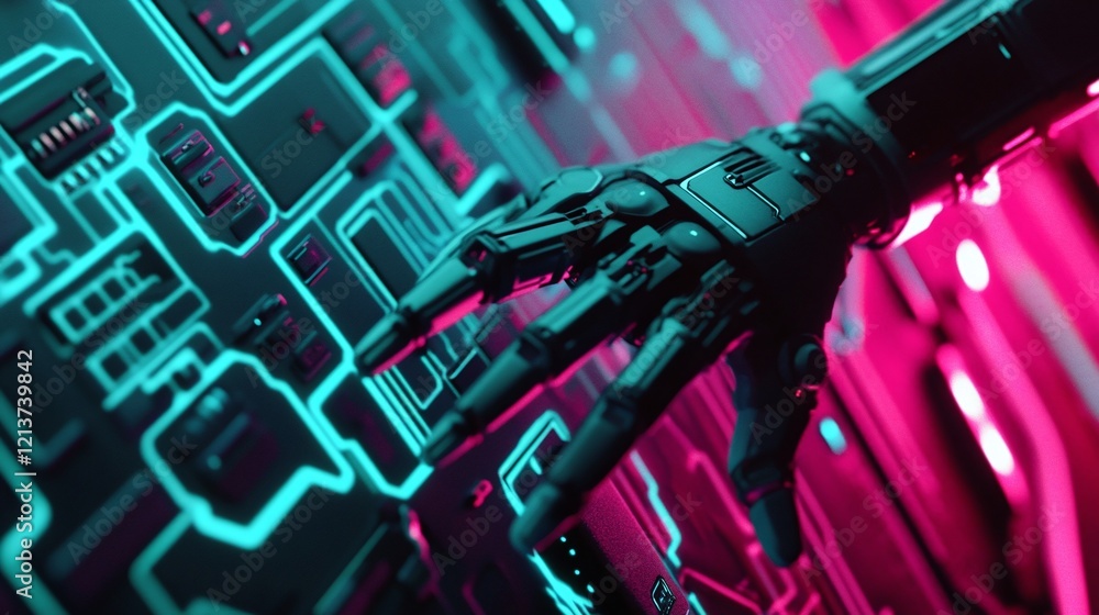 Aufkleber a tech banner with a glowing circuit board pattern and a futuristic robotic hand reaching out symbol