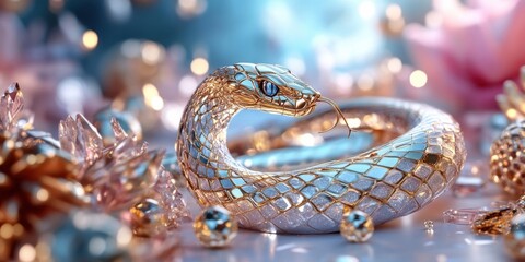 Obraz premium A stunning golden snake surrounded by sparkling ornaments and delicate flowers, creating an enchanting and luxurious atmosphere.