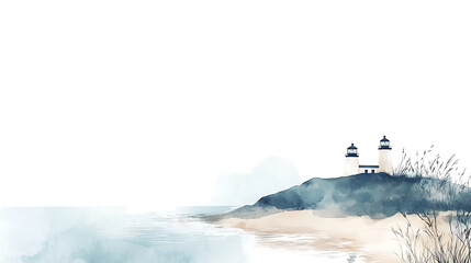 Serene Watercolor Seascape with Lighthouse on a Misty Coast