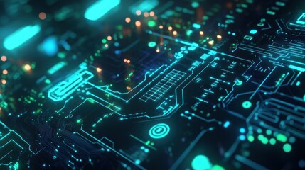 Fototapeta premium Glowing Circuit Board, Data Flowing, Technology Background, Digital Future, Website Banner