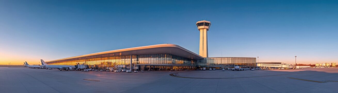 Modern airport terminal building at sunset with long panoramic view showcasing sleek architecture and air traffic control tower against a clear blue sky