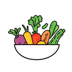 Bowl full of colorful vegetables, for healthy eating content, flat lay with white background