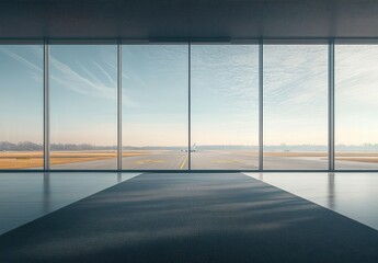 Fototapeta premium Modern Airport Terminal Interior with Expansive Panoramic Windows Overlooking Runway on a Clear Day with Subtle Natural Lighting and Peaceful Atmosphere
