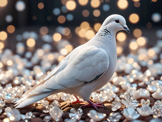 a white dove in white swarovski style, high detail, detailed behance instagram underground 4k, front facing