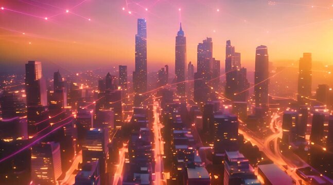 City at sunset with a network grid overlay, glowing orange and pink sky, tall skyscrapers casting long shadows