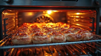 Oven-baked pastries baking golden brown in a modern kitchen.