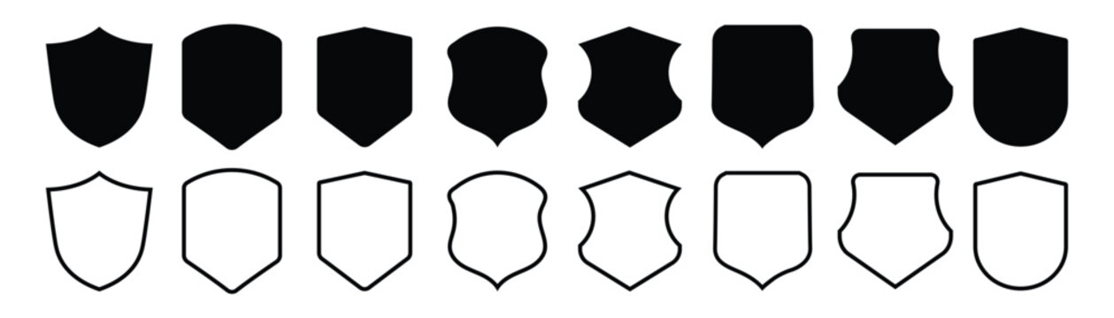 Set of shields. Basic shield style. Protect shield security icons. Badge quality symbol, Security, football, patches, sign, logo, emblem. Vector illustration.
