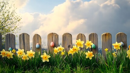 Easter Day: Daffodils, Eggs, and a Wooden Fence under a Spring Sky