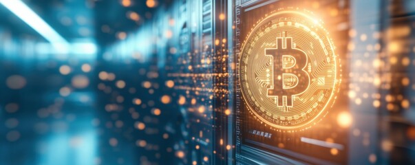 Glowing Bitcoin Cryptocurrency Symbol on Server Rack Digital Finance Technology