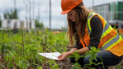Female Environmental Engineer Conducting Site Assessments in Green Field with Safety Gear and Documentation in Hand Under Overcast Sky