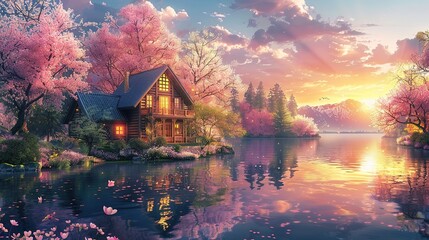 Fototapeta premium _Beautiful_house_in_the_middle_of_cherry_blossoms