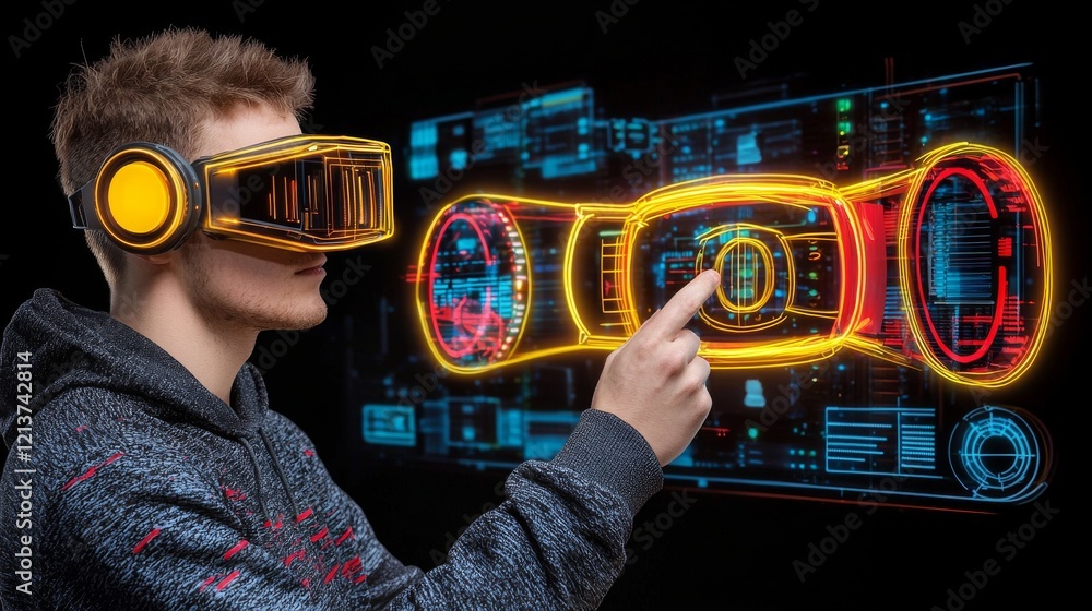 Poster user interacting with vr headset digital interface virtual reality experience futuristic setting clo