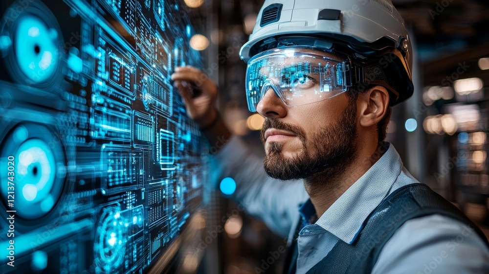 Aufkleber engineer using ar smart glasses analyzing data in a high-tech industrial environment