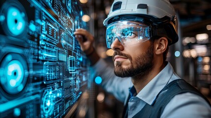 Engineer using ar smart glasses analyzing data in a high-tech industrial environment