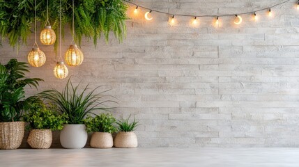 Plants, lights, and brick wall interior design. Lifestyle background