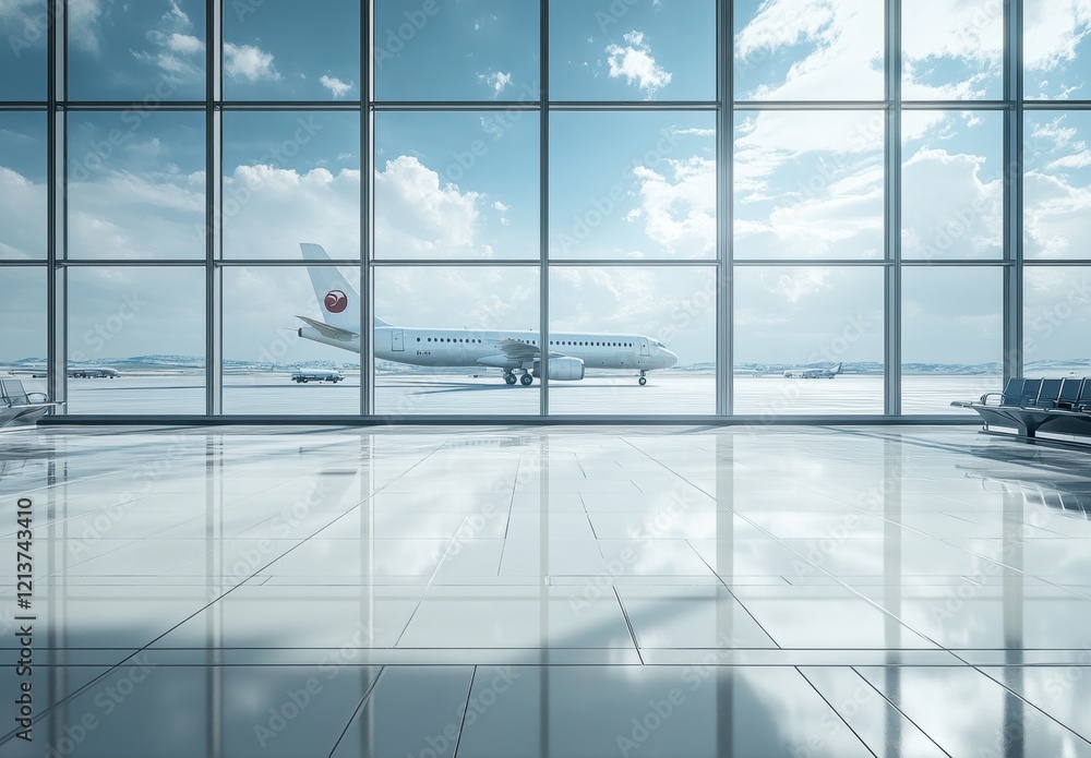Poster modern airport terminal with sleek design and expansive windows offering panoramic view of airplane 